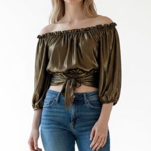Cocoa Metallic Gold Off Shoulder Tie Waist Top Large
